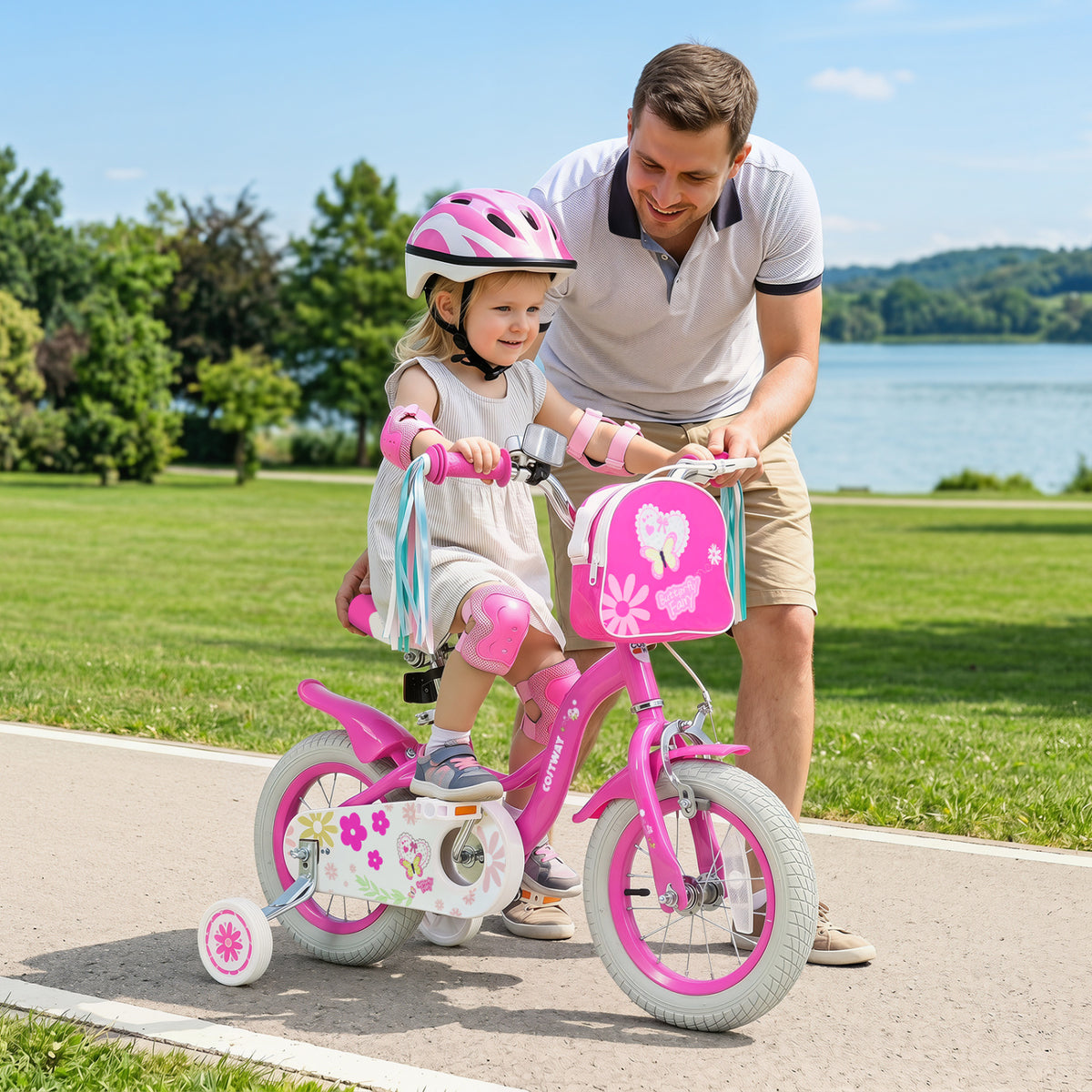 12 Inches Girls Bike with Front Bag and Streamers for 3-4 Years Pink view 2