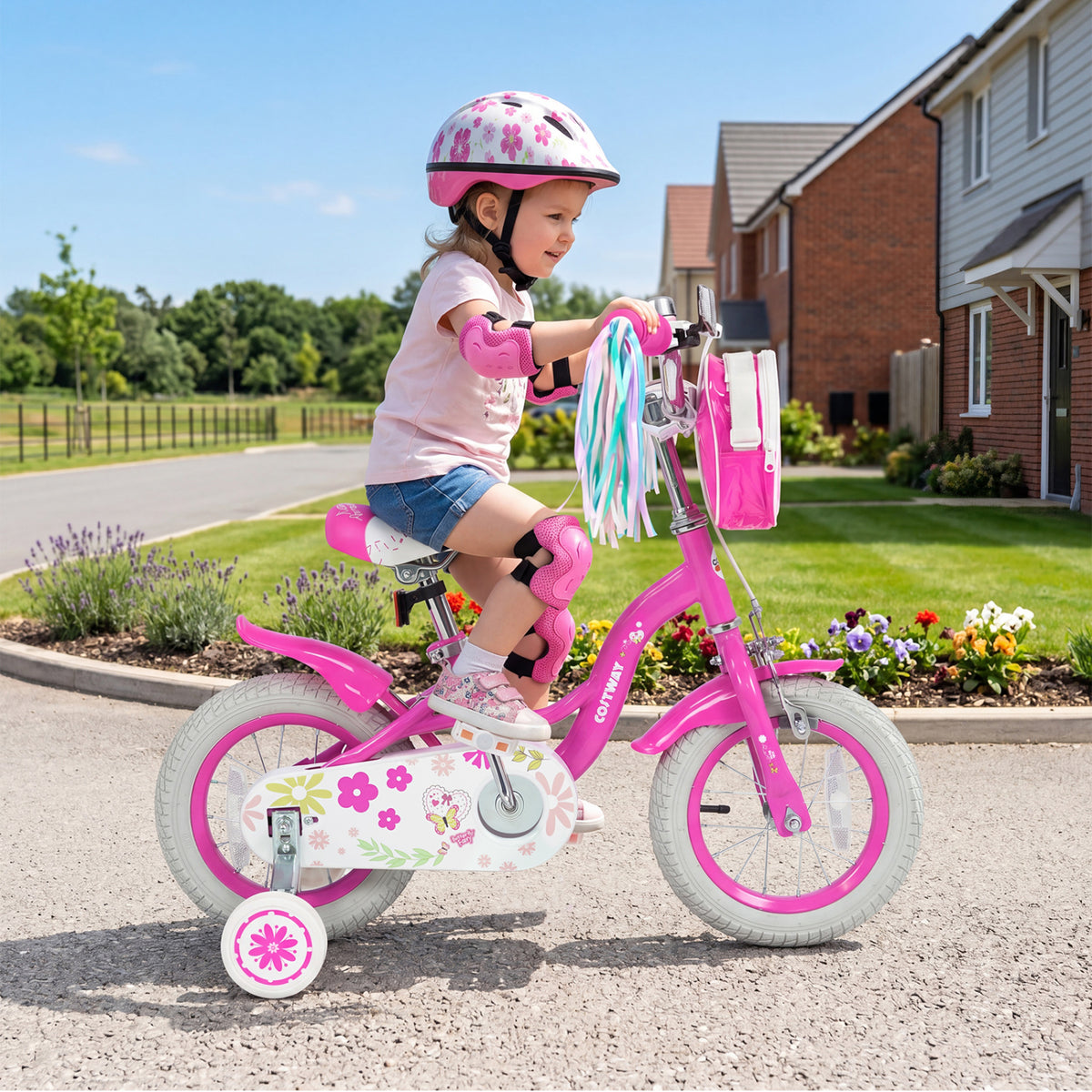 12 Inches Girls Bike with Front Bag and Streamers for 3-4 Years Pink view 3
