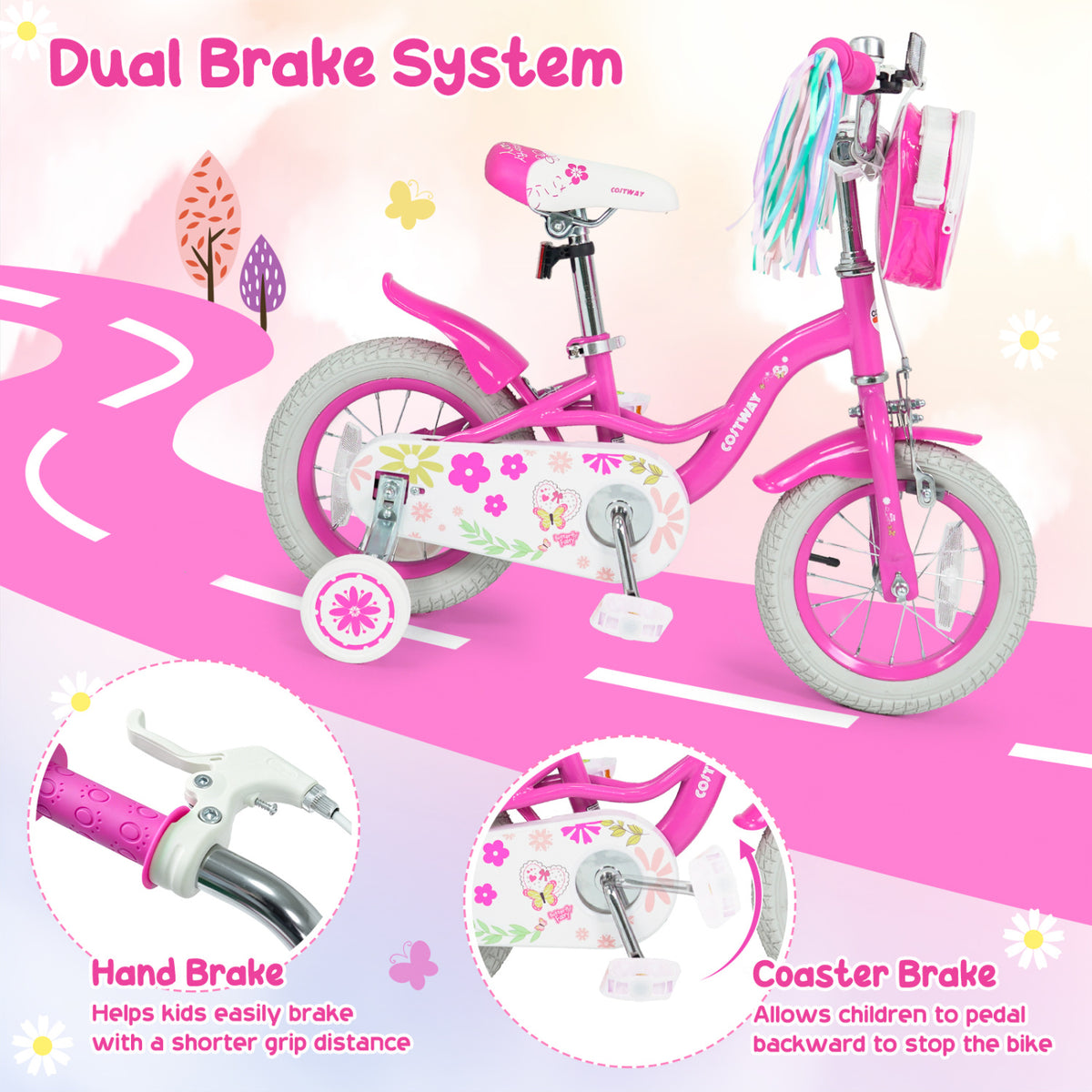 12 Inches Girls Bike with Front Bag and Streamers for 3-4 Years Pink view 7