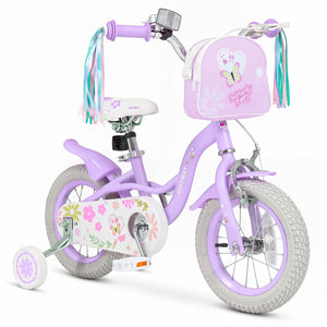 12 Inches Girls Bike with Front Bag and Streamers for 3-4 Years Purple