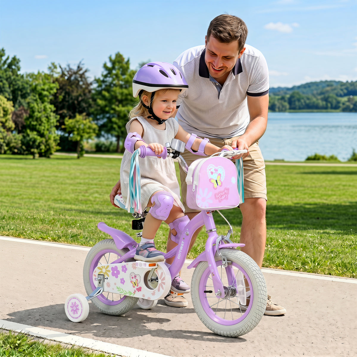 12 Inches Girls Bike with Front Bag and Streamers for 3-4 Years Purple view 3