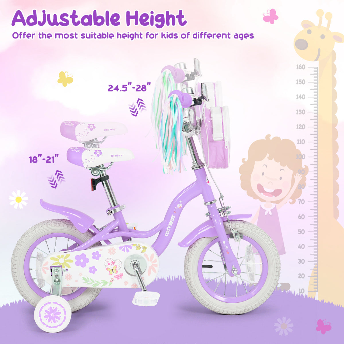 12 Inches Girls Bike with Front Bag and Streamers for 3-4 Years Purple view 6
