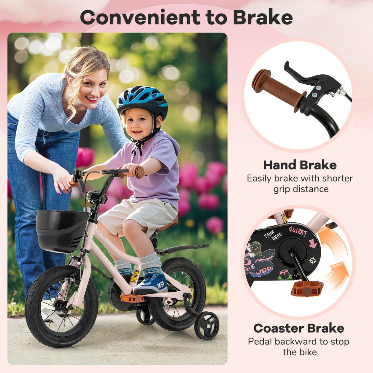 12 Inches Kids Bike with Basket and Adjustable Handlebar for 3-4 Years Old view 6