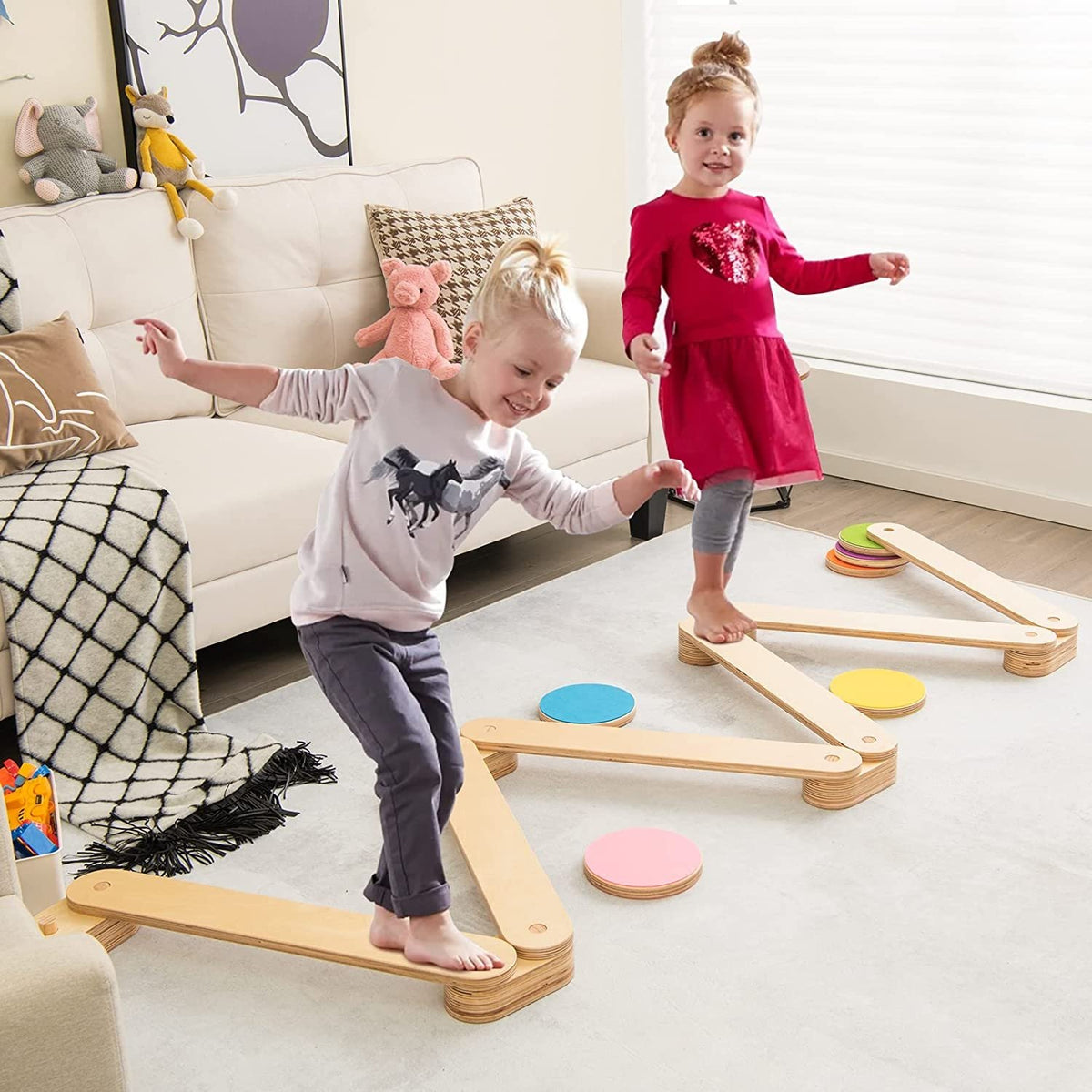 12-Piece Kids Wooden Balance Beam with Colorful Steeping Stones view 2