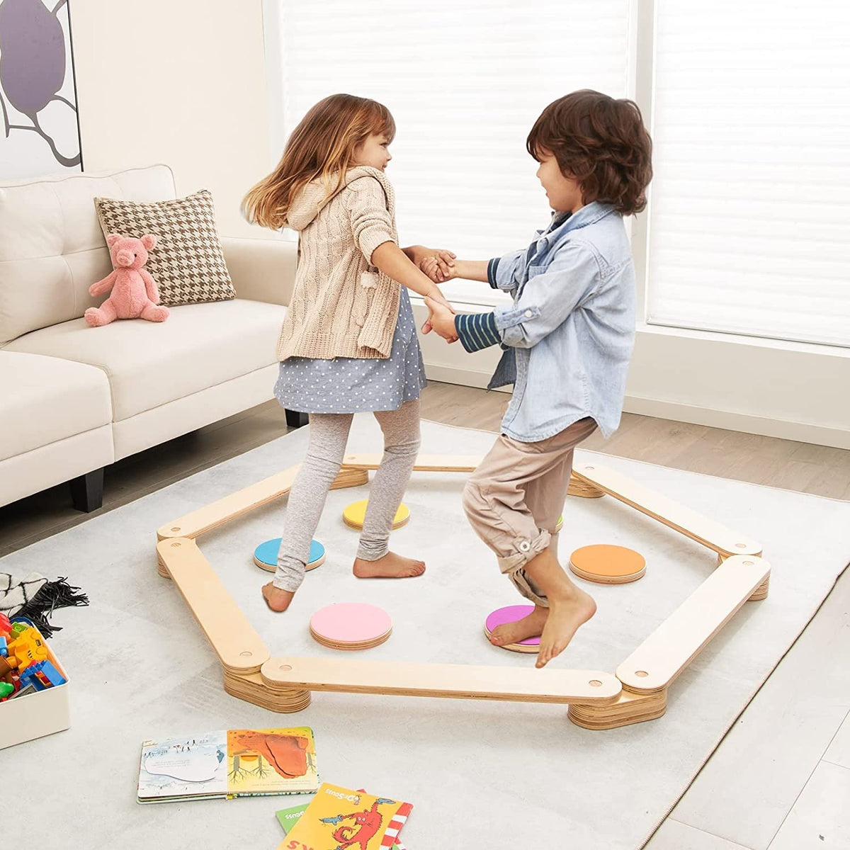 12-Piece Kids Wooden Balance Beam with Colorful Steeping Stones view 3