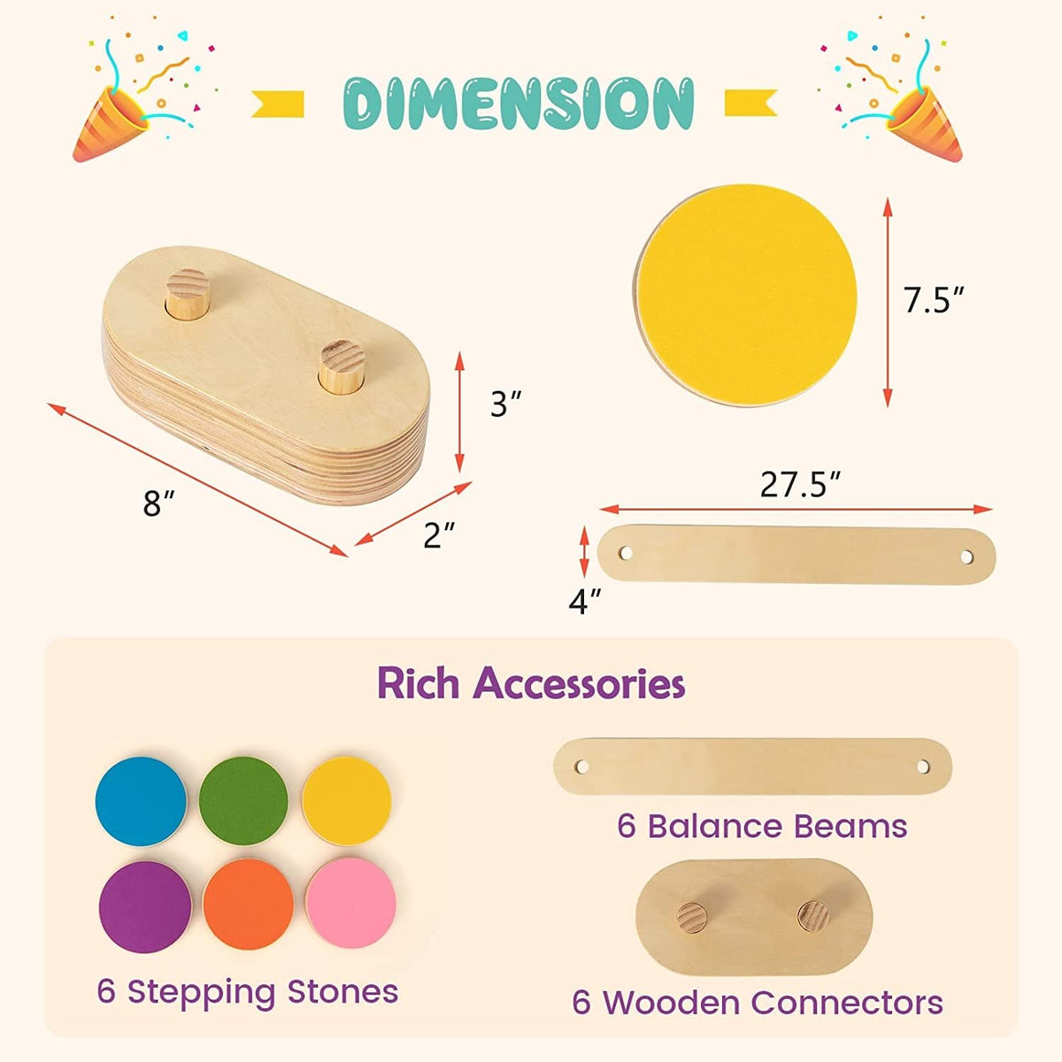 12-Piece Kids Wooden Balance Beam with Colorful Steeping Stones view 5