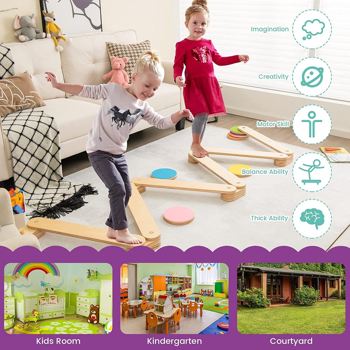12-Piece Kids Wooden Balance Beam with Colorful Steeping Stones view 6
