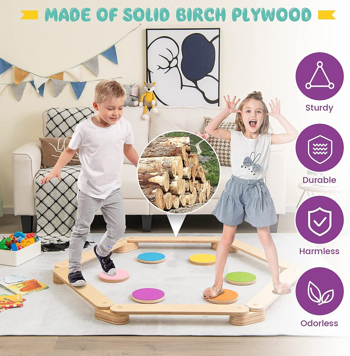 12-Piece Kids Wooden Balance Beam with Colorful Steeping Stones view 8