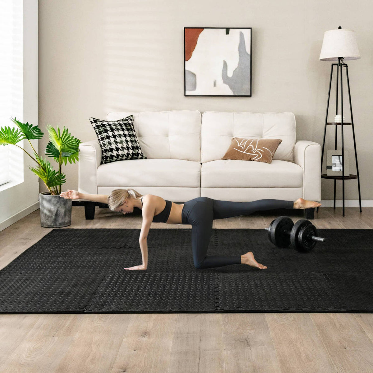 12 Pieces Puzzle Interlocking Flooring Mat with Anti-slip and Waterproof Surface-Black view 2