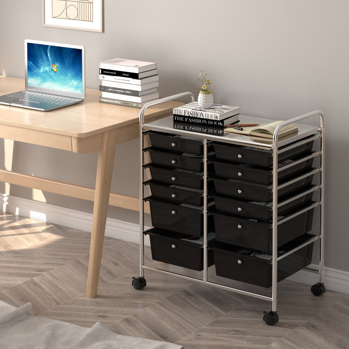 12 Drawers Rolling Cart Storage Scrapbook Paper Organizer Bins-Black view 2