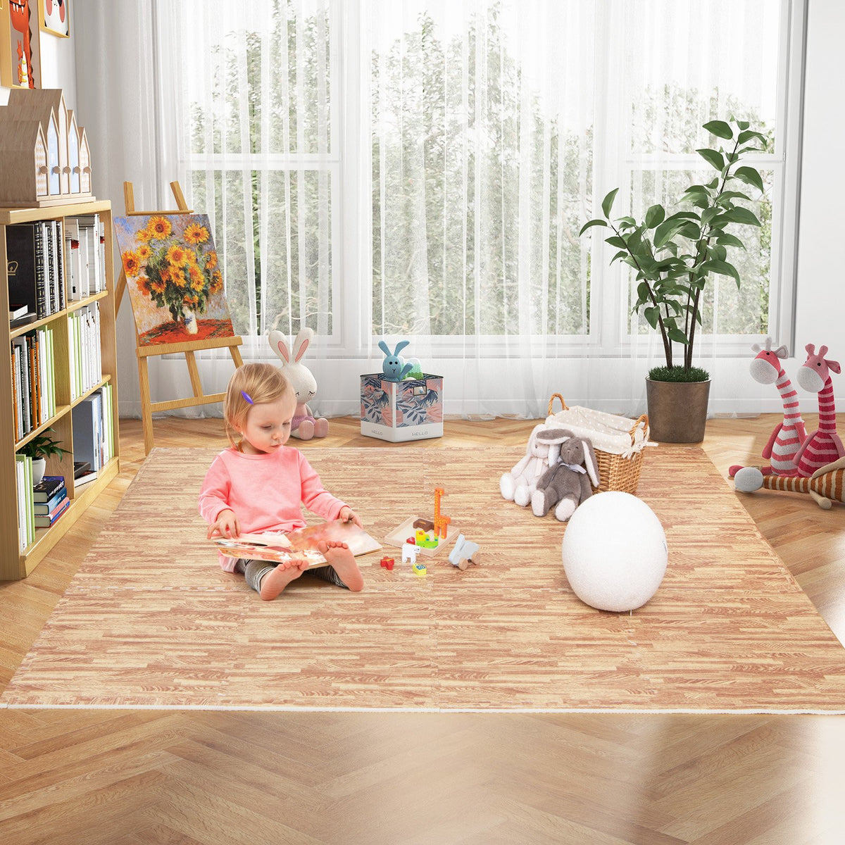 12 Tiles Wood Grain Foam Floor Mats with Borders view 2