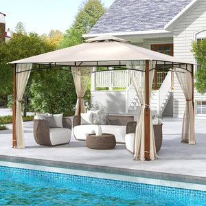 12 x 10 Feet Outdoor Patio Gazebo with Netting and 2-Tier Canopy Roof-Beige view 2