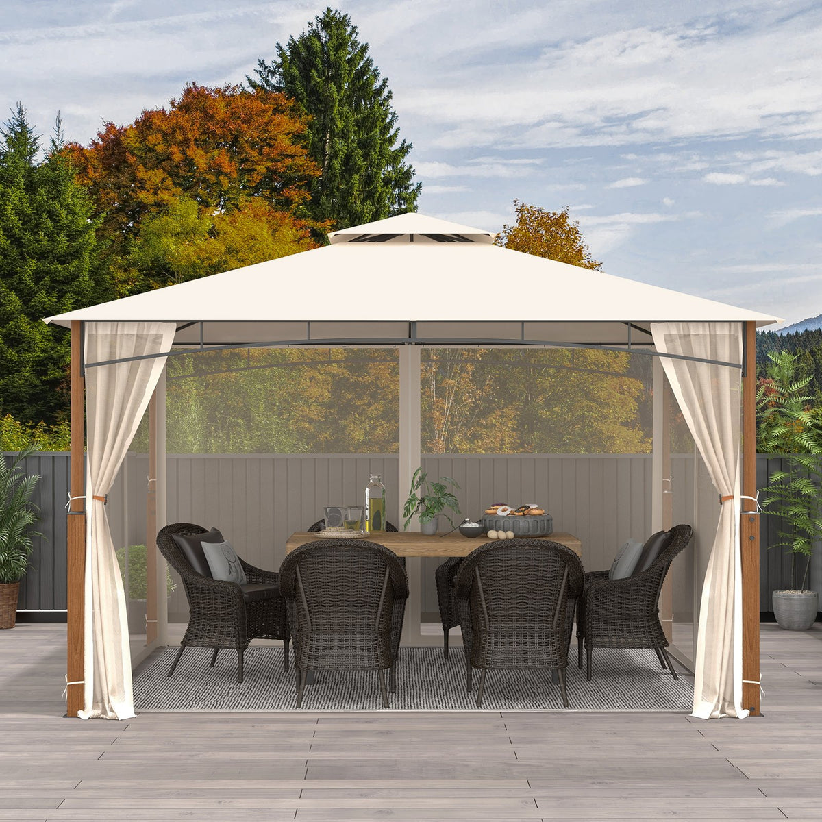 12 x 10 Feet Outdoor Patio Gazebo with Netting and 2-Tier Canopy Roof-Beige view 3
