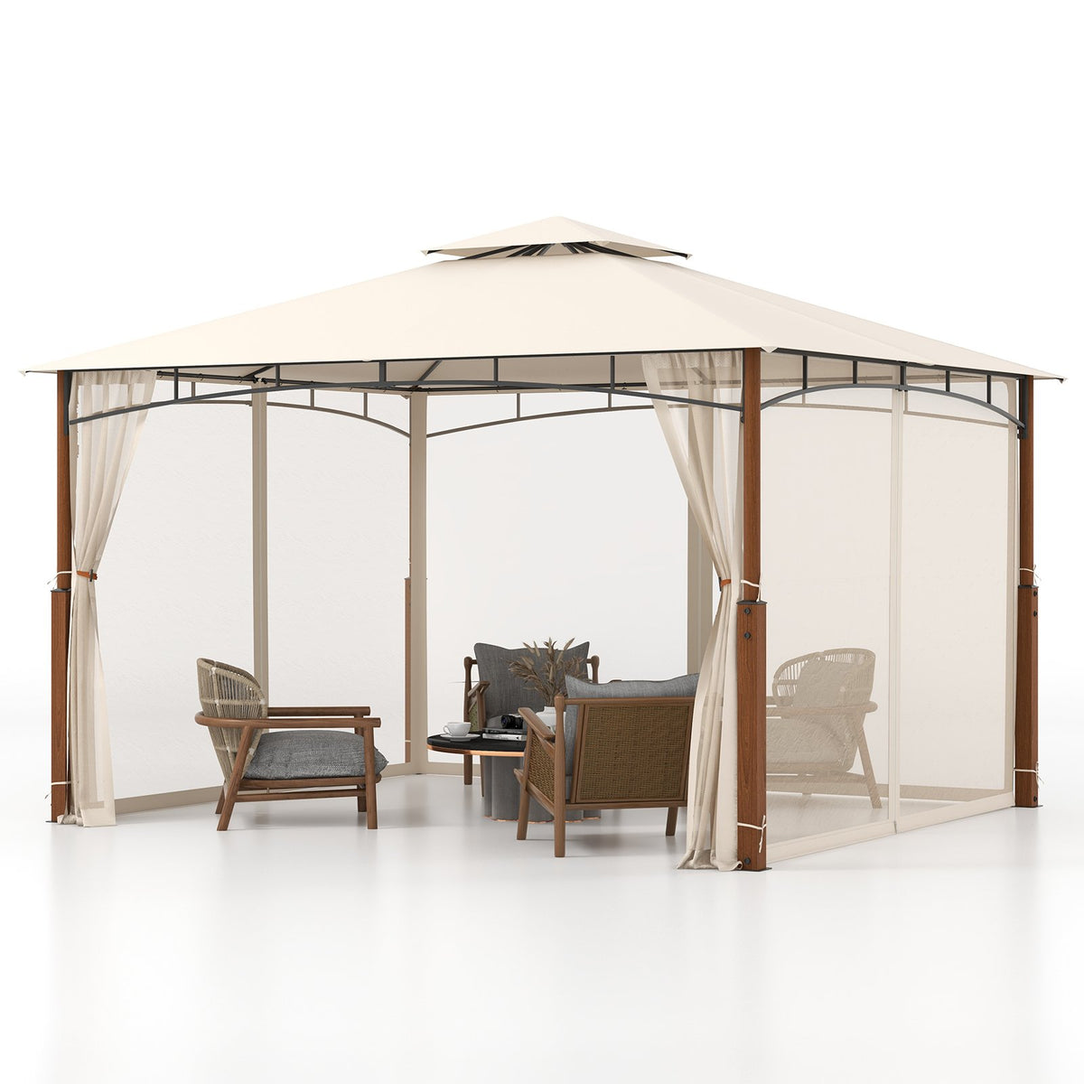 12 x 10 Feet Outdoor Patio Gazebo with Netting and 2-Tier Canopy Roof-Beige view 4
