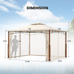 12 x 10 Feet Outdoor Patio Gazebo with Netting and 2-Tier Canopy Roof-Beige view 5