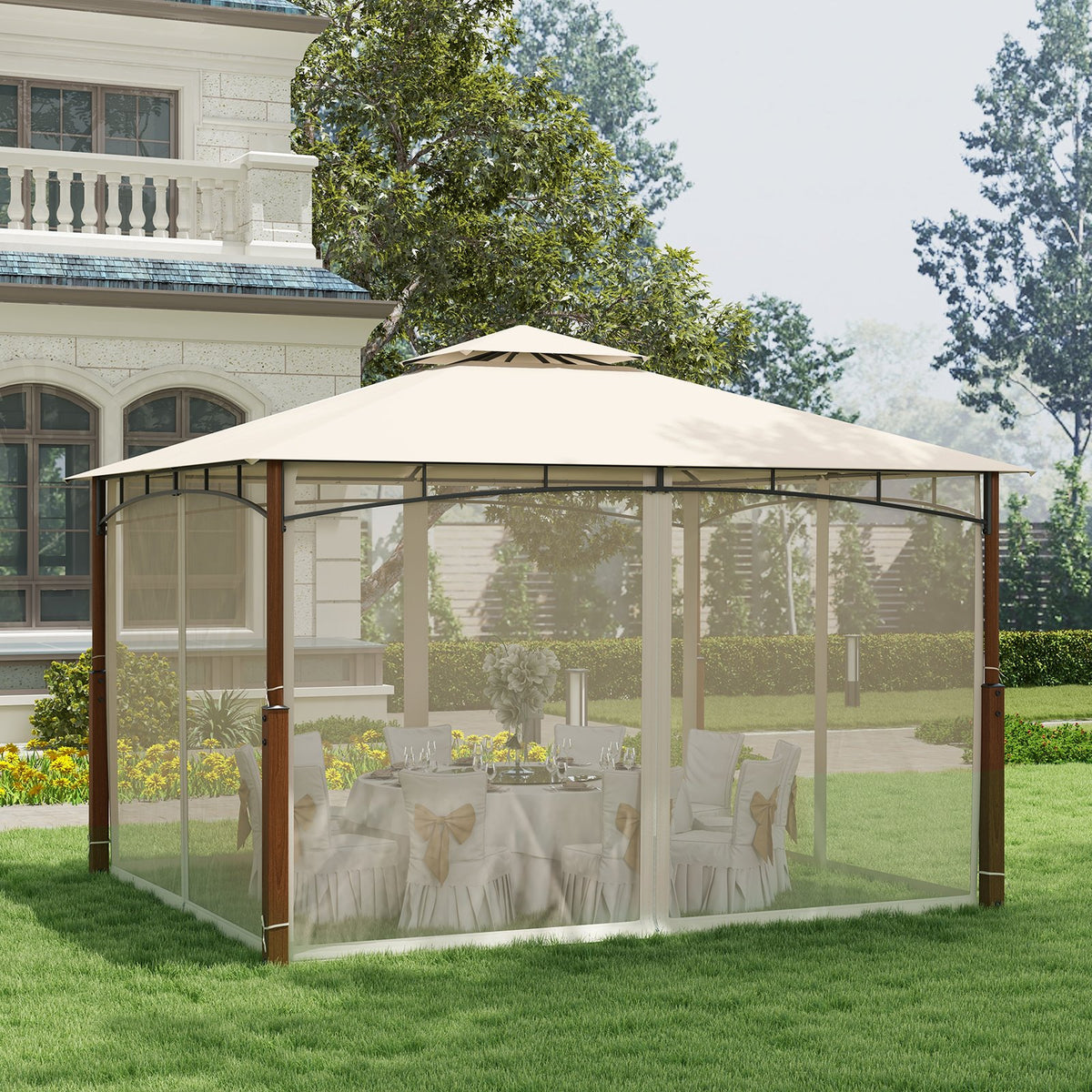12 x 10 Feet Outdoor Patio Gazebo with Netting and 2-Tier Canopy Roof-Beige view 6