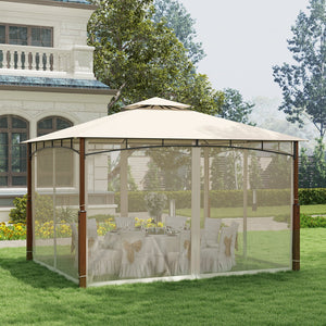 12 x 10 Feet Outdoor Patio Gazebo with Netting and 2-Tier Canopy Roof-Beige view 6