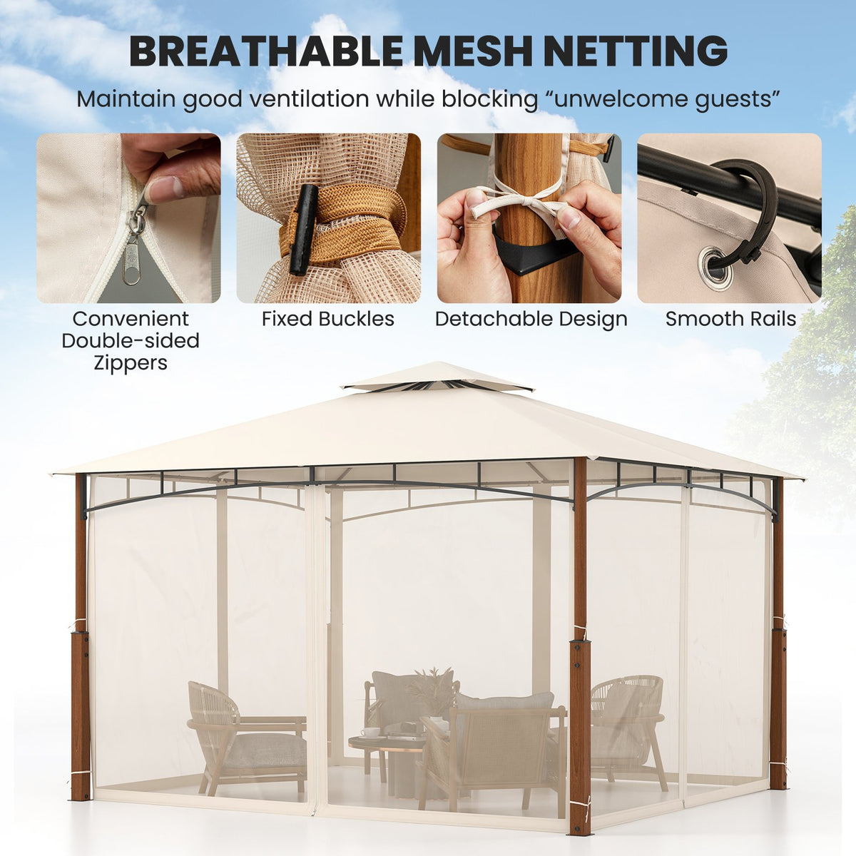 12 x 10 Feet Outdoor Patio Gazebo with Netting and 2-Tier Canopy Roof-Beige view 8