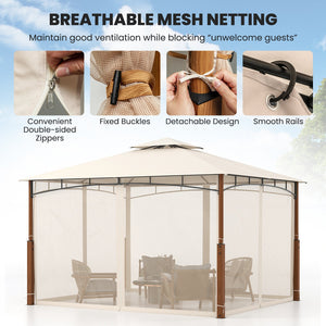12 x 10 Feet Outdoor Patio Gazebo with Netting and 2-Tier Canopy Roof-Beige view 8