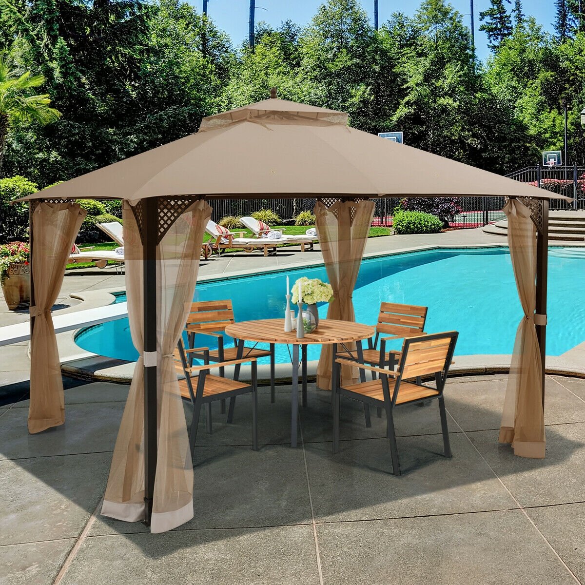 12 x 10 Feet Outdoor Double Top Patio Gazebo with Netting-Brown view 2