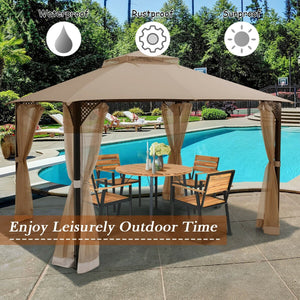 12 x 10 Feet Outdoor Double Top Patio Gazebo with Netting-Brown view 3
