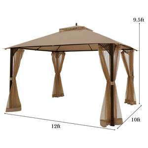 12 x 10 Feet Outdoor Double Top Patio Gazebo with Netting-Brown view 4