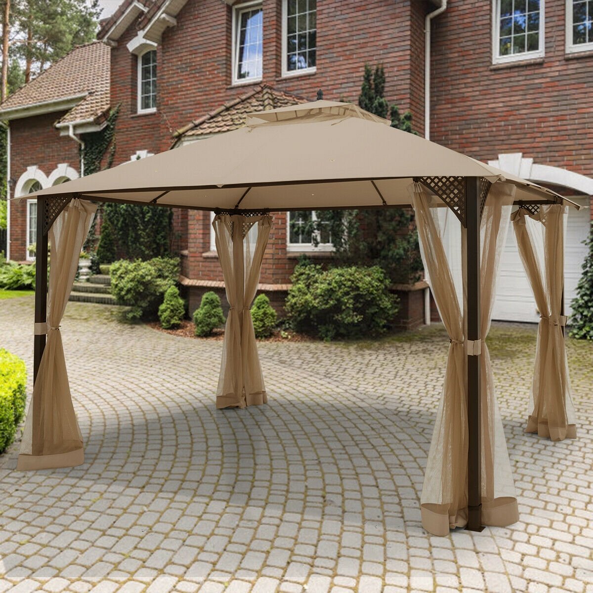 12 x 10 Feet Outdoor Double Top Patio Gazebo with Netting-Brown view 6