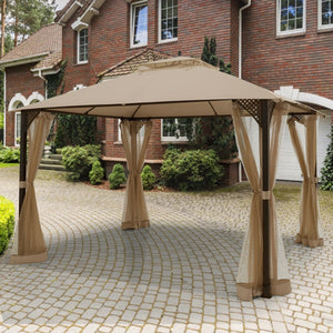 12 x 10 Feet Outdoor Double Top Patio Gazebo with Netting-Brown view 6