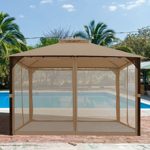 12 x 10 Feet Outdoor Double Top Patio Gazebo with Netting-Brown view 7