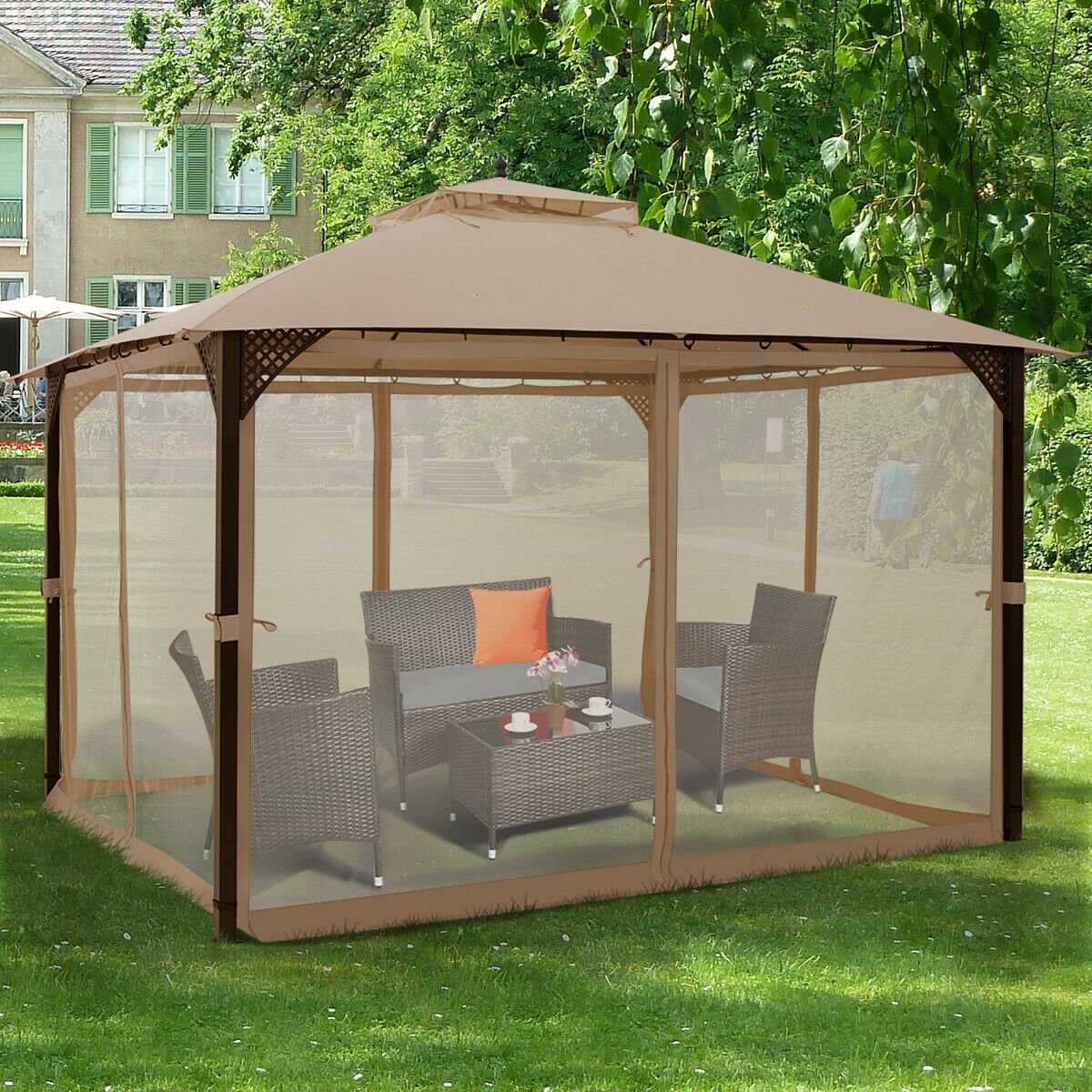 12 x 10 Feet Outdoor Double Top Patio Gazebo with Netting-Brown view 8