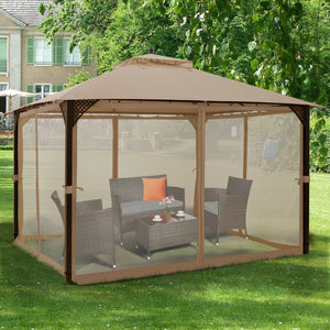 12 x 10 Feet Outdoor Double Top Patio Gazebo with Netting-Brown view 8