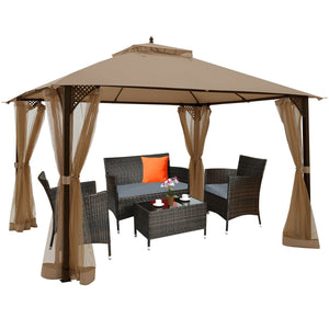 12 x 10 Feet Outdoor Double Top Patio Gazebo with Netting-Brown view 9