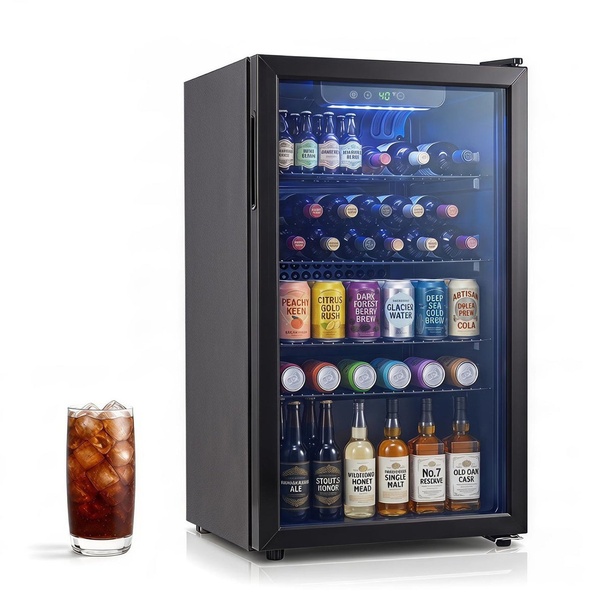 Compact Beverage Refrigerator with Glass Door and 4 Adjustable Shelves