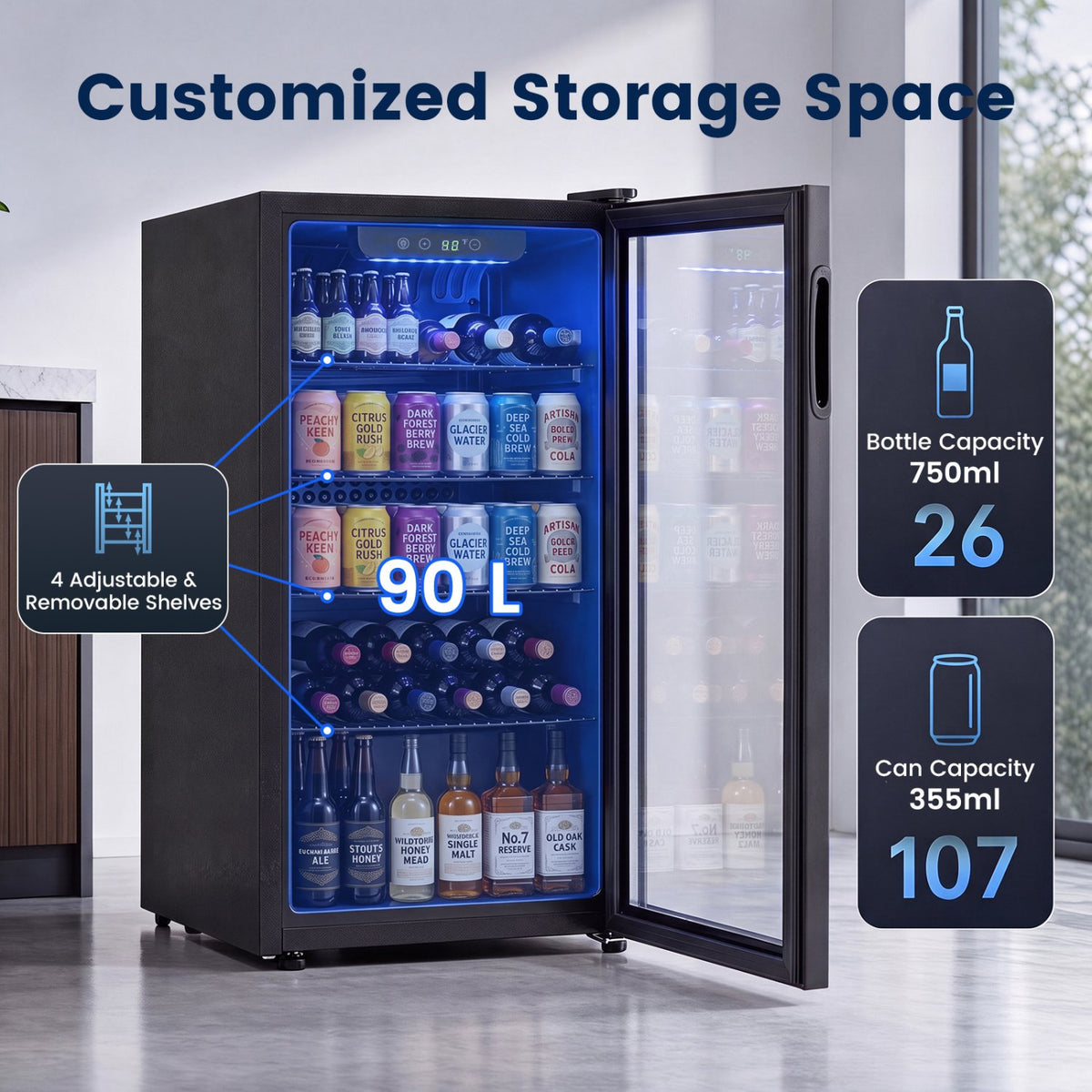 Compact Beverage Refrigerator with Glass Door and 4 Adjustable Shelves view 9