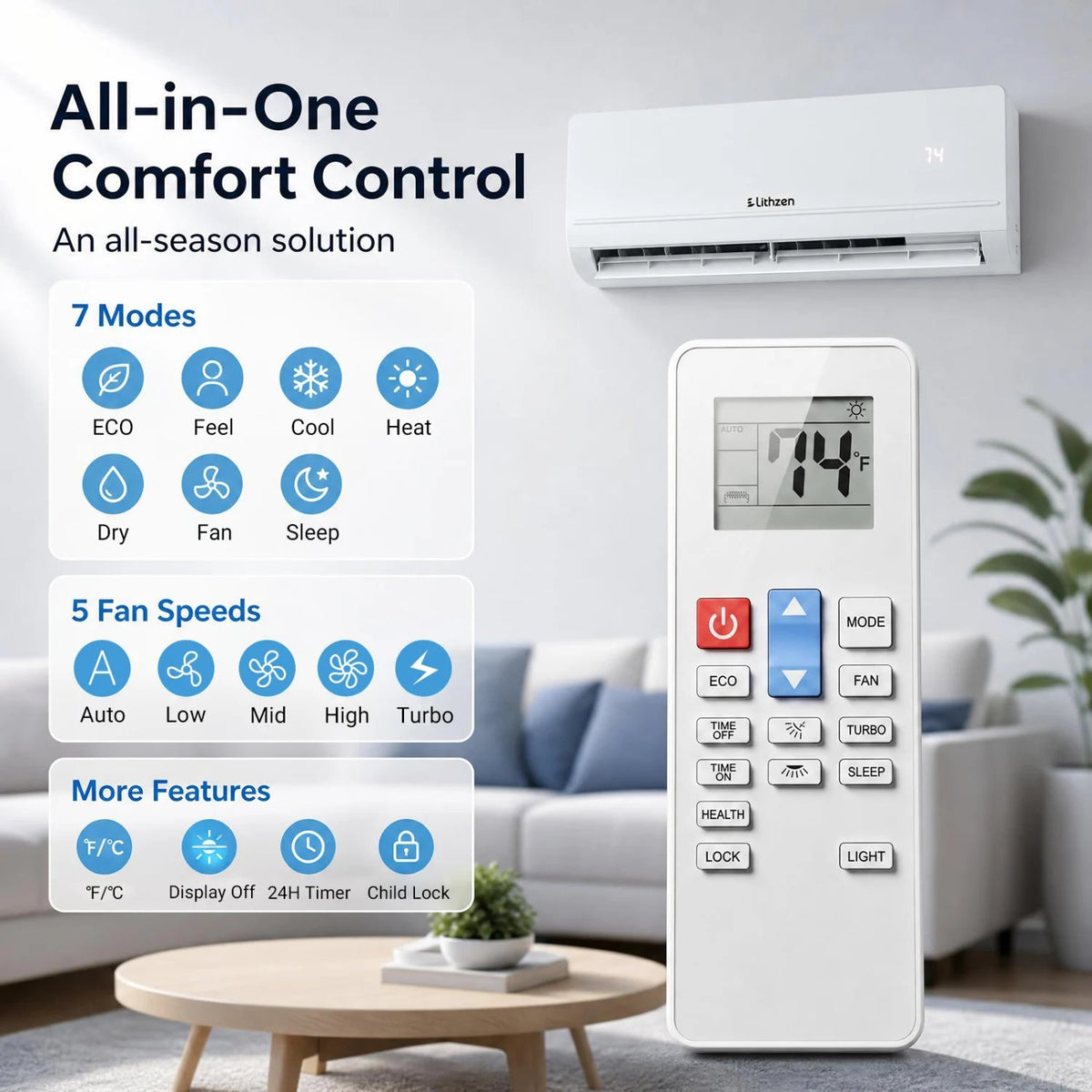 Lithzen 12000 BTU 115V 17 SEER2 Mini Split Air Conditioner and Heater WiFi Enabled view 5
