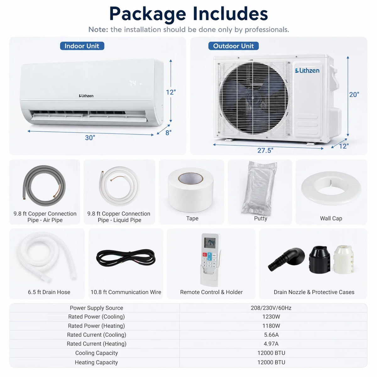 Lithzen 12000 BTU 208-230V 17 SEER2 Mini Split Air Conditioner and Heater WiFi Enabled view 4