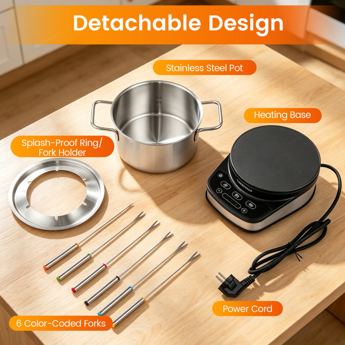 1200W Electric Fondue Pot Set with 3 L Removable Pot 6 Color-Coded Fork view 9