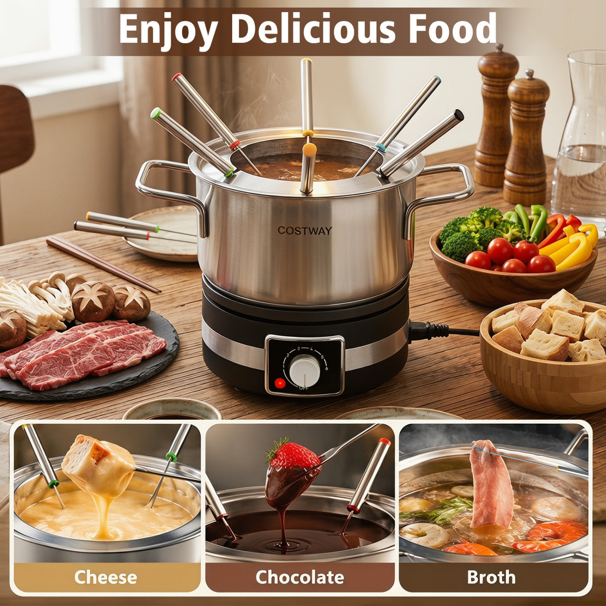 1200W Electric Fondue Pot Set with Removable Stainless Steel Pot and 6 Forks view 5