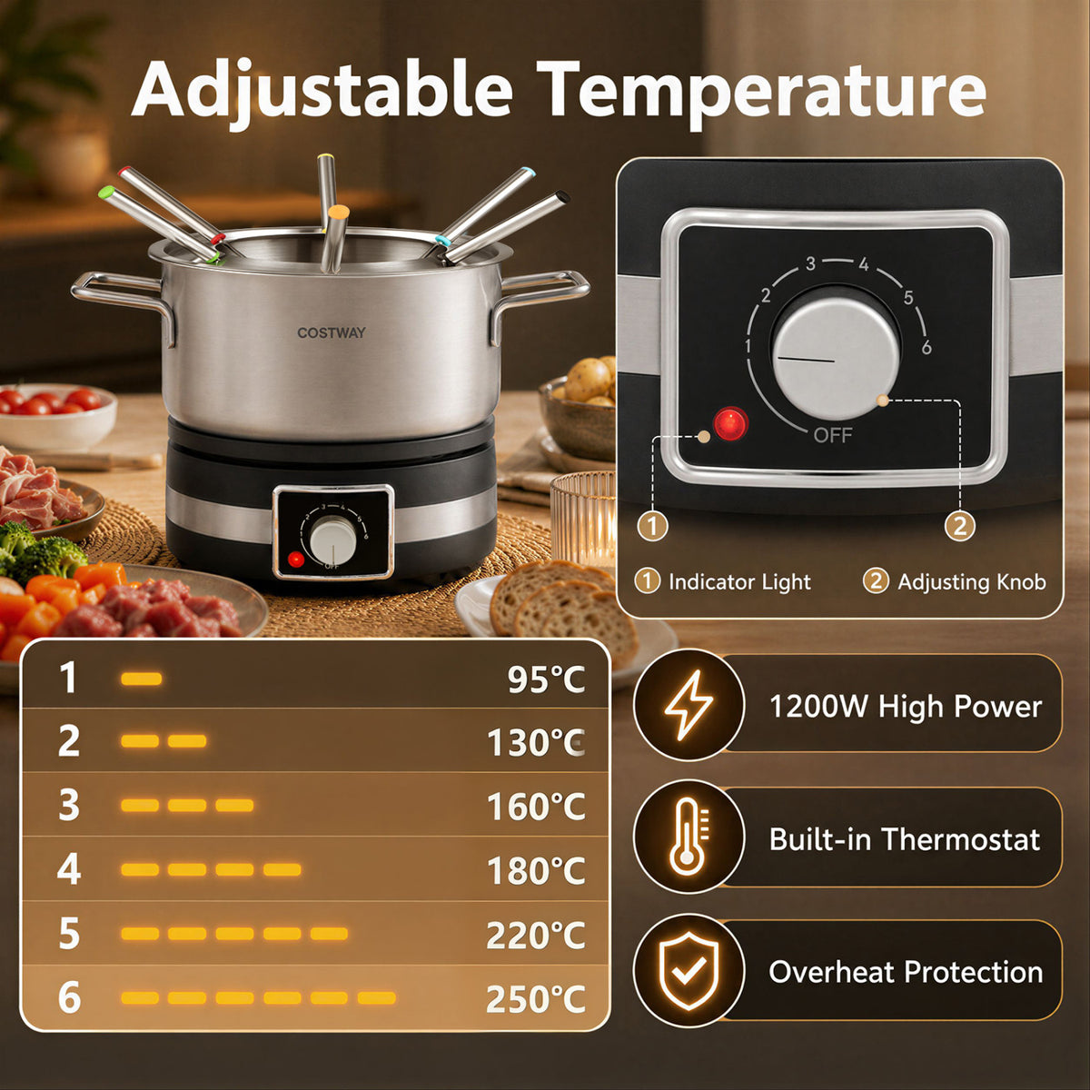 1200W Electric Fondue Pot Set with Removable Stainless Steel Pot and 6 Forks view 6