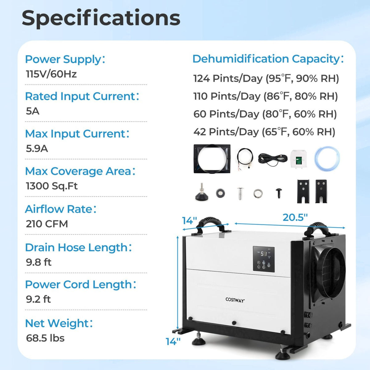 124 Pint Crawl Space Dehumidifier with 3 Modes and 24H Timer-White view 3