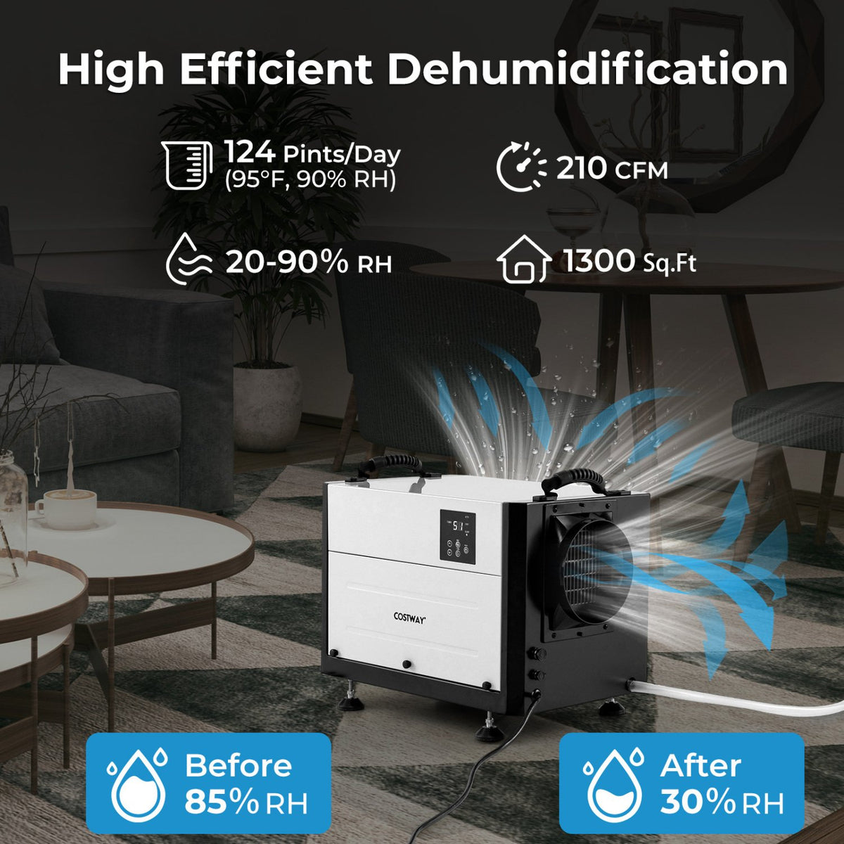 124 Pint Crawl Space Dehumidifier with 3 Modes and 24H Timer-White view 5
