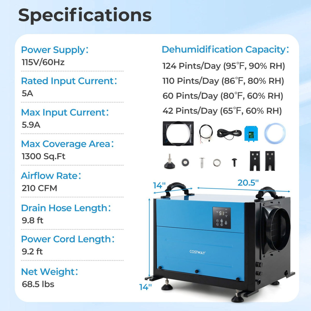 124 Pint Crawl Space Dehumidifier with 3 Modes and 24H Timer-Blue view 3