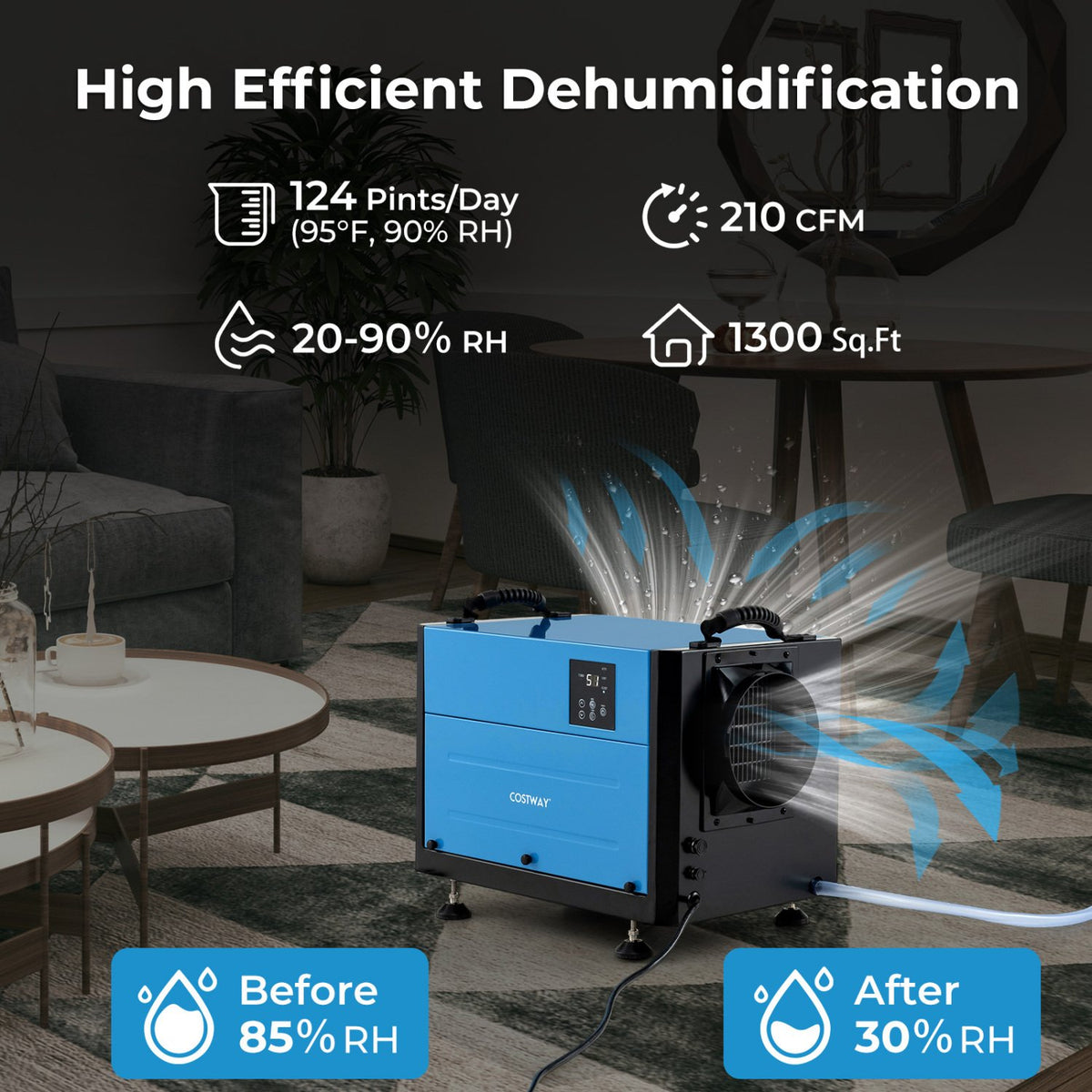 124 Pint Crawl Space Dehumidifier with 3 Modes and 24H Timer-Blue view 5