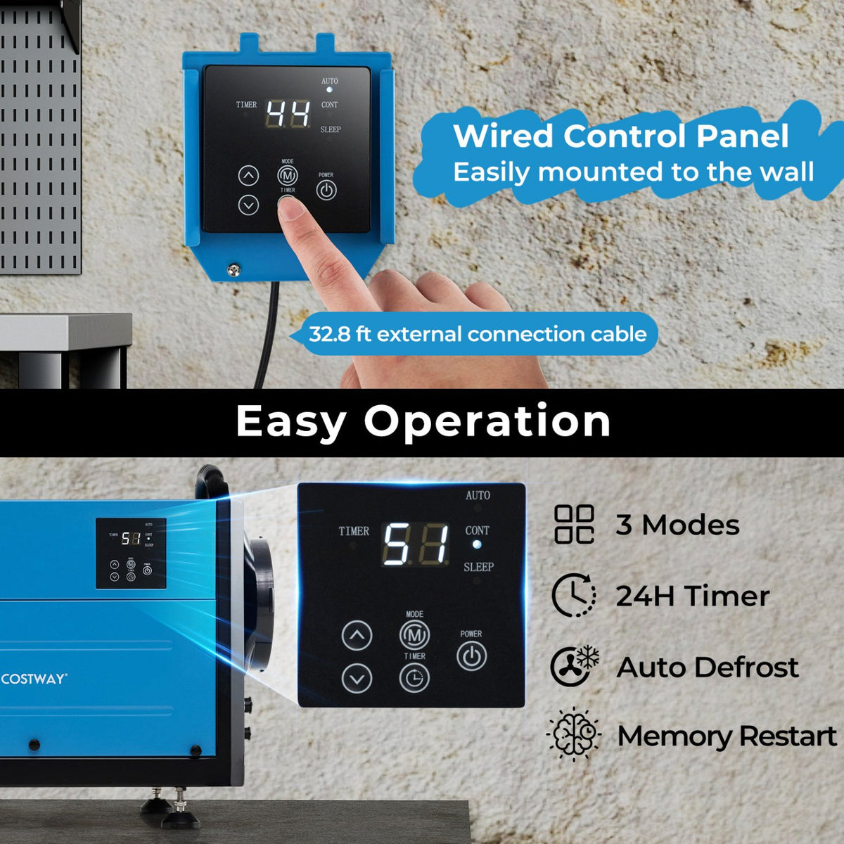 124 Pint Crawl Space Dehumidifier with 3 Modes and 24H Timer-Blue view 6