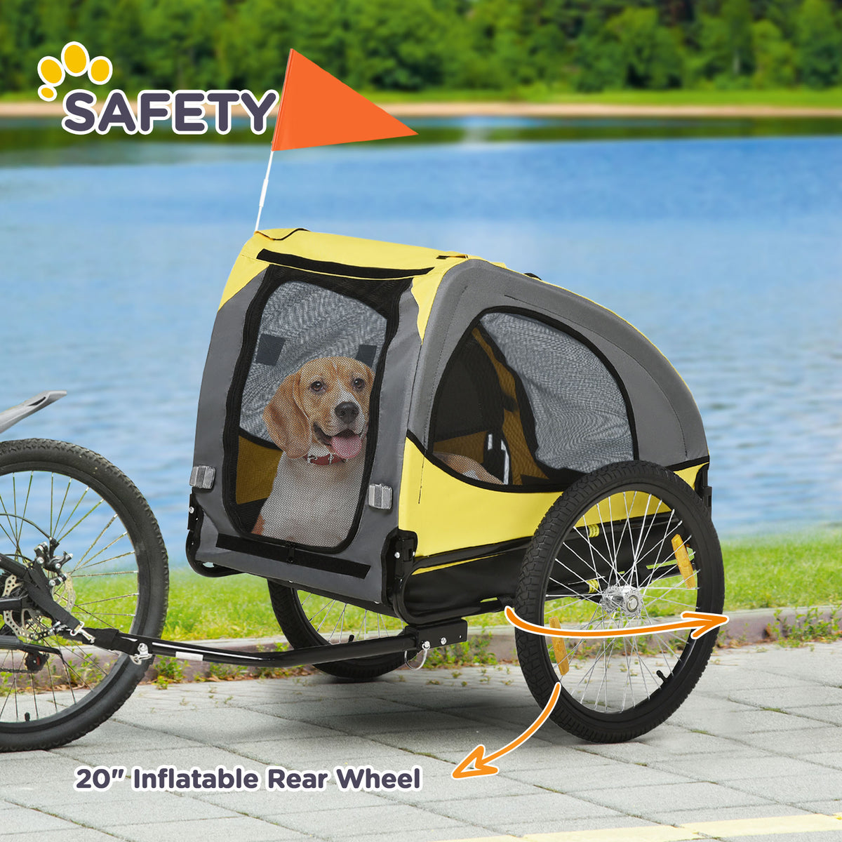 Dog Bike Trailer with Hitch Coupler, Quick Release Wheels, Reflectors, Flag for Medium Dogs, Yellow