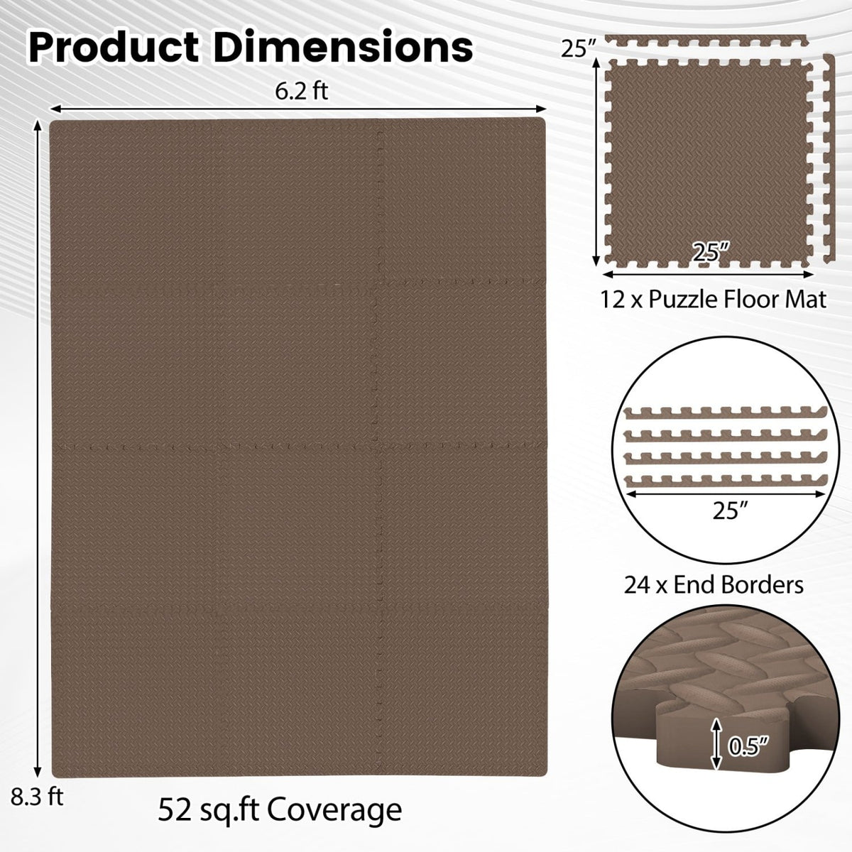 12Tiles 1/2 inches Puzzle Exercise Floor Mats-Brown view 4