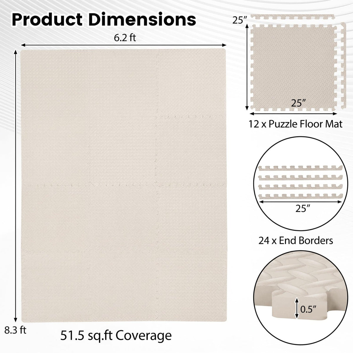 12Tiles 1/2 inches Puzzle Exercise Floor Mats-Beige view 4