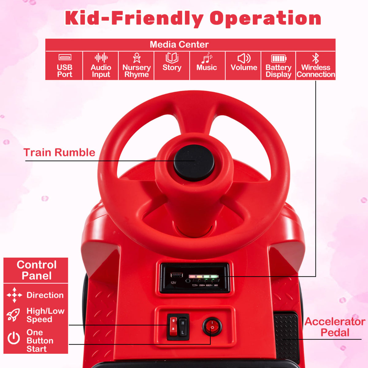 12V 2-Seater Kids Ride on Train with Height Adjustable Seat and Music Licensed Chuggington-Red view 8
