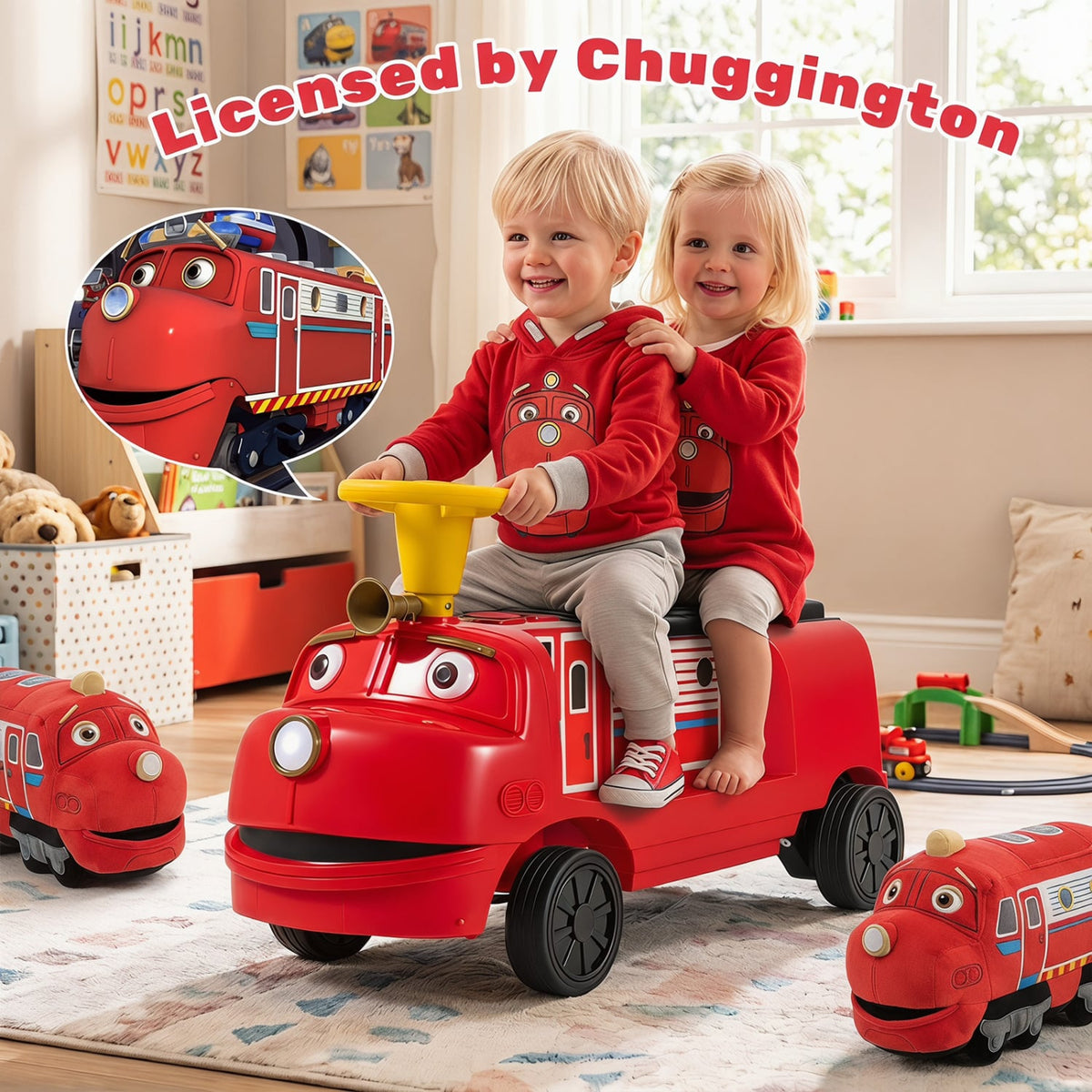 12V 2-Seater Kids Ride on Train with Height Adjustable Seat and Music Licensed Chuggington-Red view 7