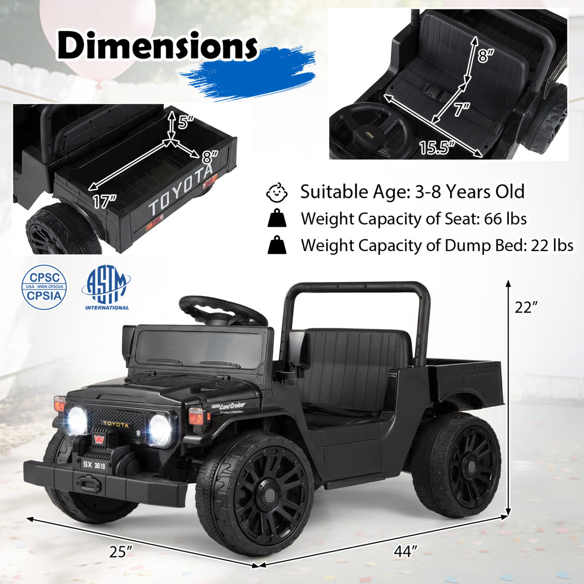 12V Electric Ride On Truck with Dump Bed and Music Licensed Toyota-Black view 4